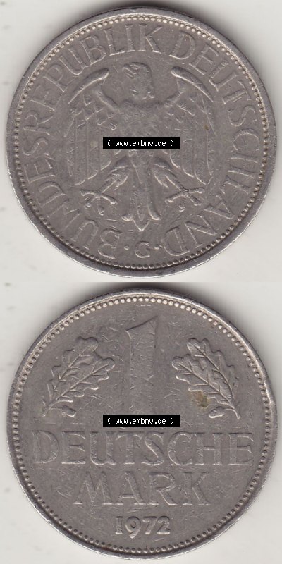 BRD Münzen 1 DM, Umlaufmünze 1950-2001, 1 DM Deutsche Mark, 1972 G-1. Vorderseite und Rückseite auf einen digitalen Bild /... Sammlung