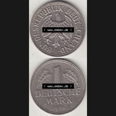 BRD Münzen 1 DM, Umlaufmünze 1950-2001, 1 DM Deutsche Mark, 1968 J-1. Vorderseite und Rückseite auf einen digitalen Bild / Foto der Münze aus Deutschland,... Sammlung