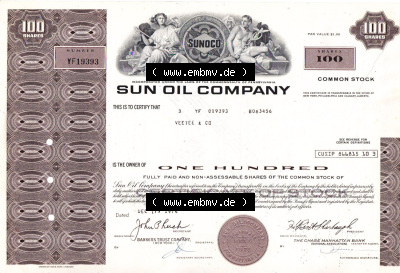 Alte Wertpapiere Amerikanische Öl-Gesellschaften 1974, Sun Oil Company, This is to certify that 100 Shares, Zertifikat auf 100... Sammlung