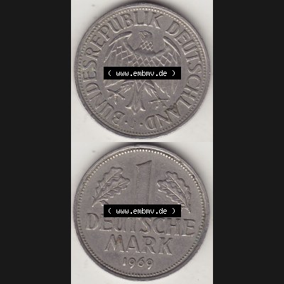 BRD Münzen 1 DM, Umlaufmünze 1950-2001, 1 DM Deutsche Mark, 1969 J-1. Vorderseite und Rückseite auf einen digitalen Bild / Foto der Münze aus Deutschland,... Sammlung
