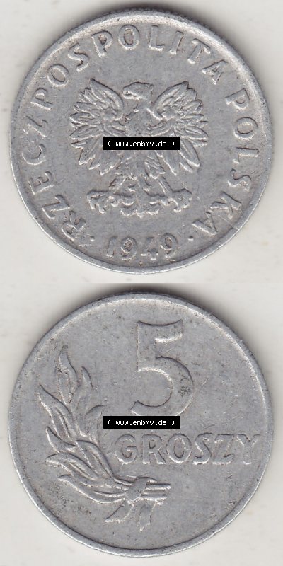 Münzen Republik Polen Eurovorläufer, Umlaufmünze 1949-1949, 5 Groszy, Groschen, Aluminium 1949. Vorderseite und Rückseite... Sammlung
