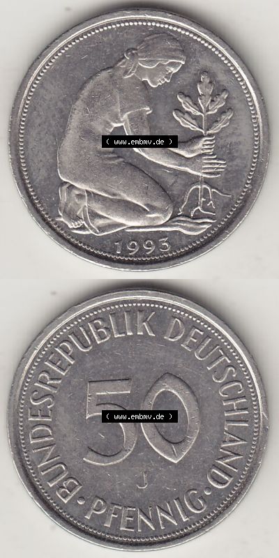 Münzen Deutschland 50 Pfennig der Deutschen Mark 1950-2001, 50 Pfennig 1993 J-1 (4) Sammlung