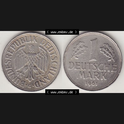BRD Münzen 1 DM, Umlaufmünze 1950-2001, 1 DM Deutsche Mark, 1961 G-1. Vorderseite und Rückseite der Münze aus Deutschland Sammlung