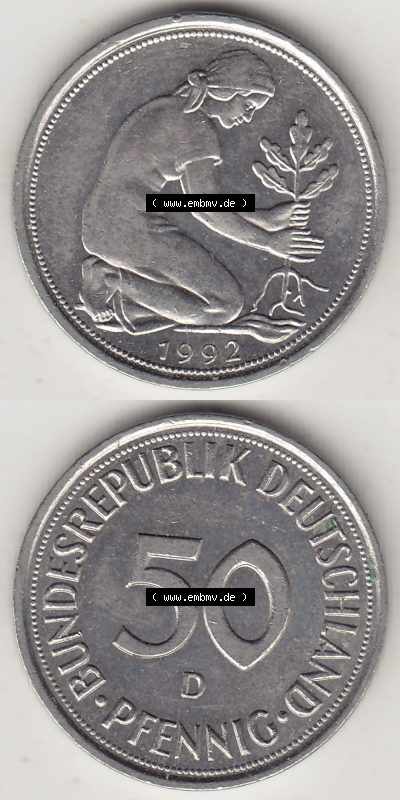 Münzen Deutschland 50 Pfennig der Deutschen Mark 1950-2001, 50 Pfennig 1992 D-1 (4) Sammlung