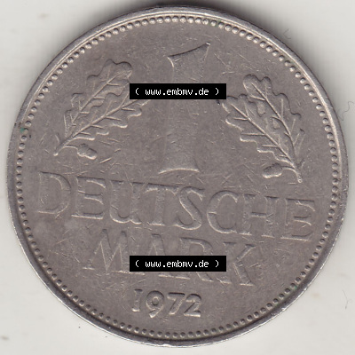 BRD Münzen 1 DM, Umlaufmünze 1950-2001, 1 DM Deutsche Mark, 1972 G-3. Rückseite der Münze aus Deutschland Sammlung