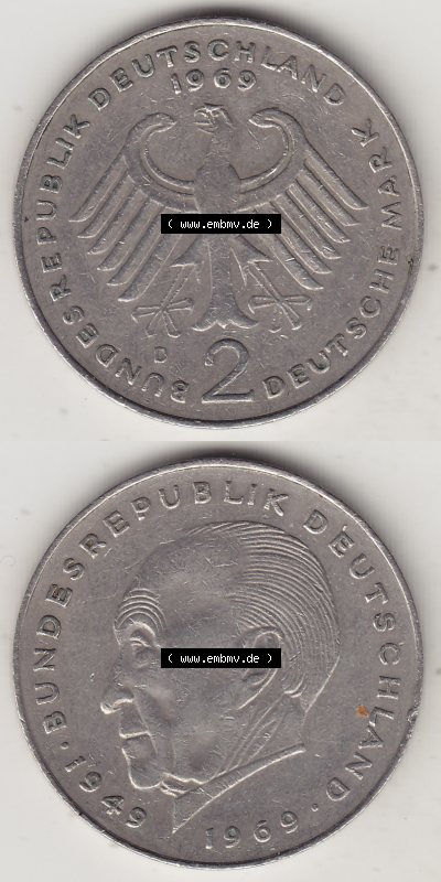 BRD Münzen 2 DM Gedenkmünze 1969-1987, 2 DM, Deutsche Mark Konrad Adenauer 1969 (Stück 1) D. Vorderseite und Rückseite auf... Sammlung