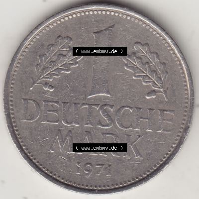 BRD Münzen 1 DM, Umlaufmünze 1950-2001, 1 DM Deutsche Mark, 1971 J-2. Rückseite der Münze aus Deutschland Sammlung