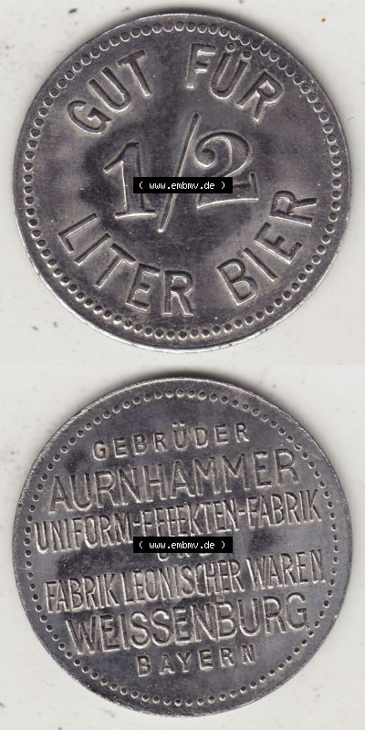 Alte Biermarken Allgemein Gut für 1/2 Liter Bier, Gebrüder Aurnhammer Uniform-EEEEKTEN-Fabrik, Bayern. Vorderseite und Rückseite... Sammlung