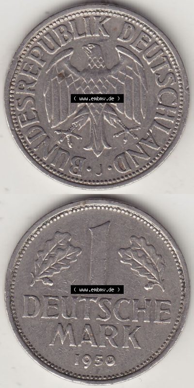 BRD Münzen 1 DM, Umlaufmünze 1950-2001, 1 DM Deutsche Mark, 1950 J-5. Vorderseite und Rückseite auf einen digitalen Bild /... Sammlung