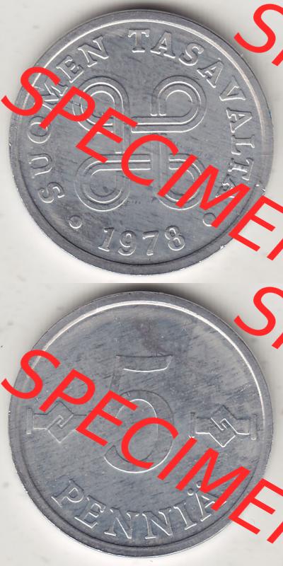 Münzen Finnland / SUOMI Eurovorläufer, Umlaufmünze vor Euroeinführung 1978-1978, Stempelglanz 1977-1990, 5 Penny, 1978-1. Rückseite und Vorderseite... Sammlung
