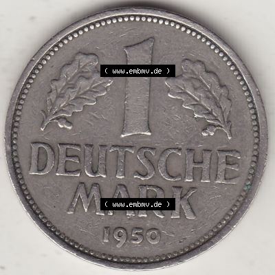 BRD Münzen 1 DM, Umlaufmünze 1950-2001, 1 DM Deutsche Mark, 1950 F-3. Rückseite der Münze aus Deutschland Sammlung
