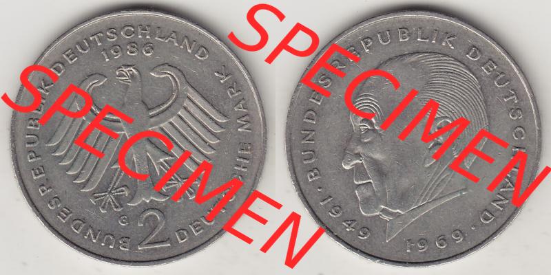 BRD Münzen 2 DM Gedenkmünze 1969-1987, 2 DM, Deutsche Mark Konrad Adenauer 1986-1 G. Vorderseite und Rückseite der Münze aus Deutschland Sammlung