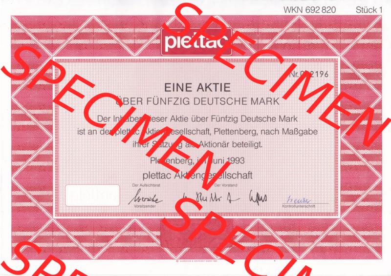 Alte Wertpapiere Bundesrepublik Deutschland in Deutsche Mark 1993, 50 DM, Fünfzig Deutsche Mark, plettac Aktiengesellschaft (1) Sammlung