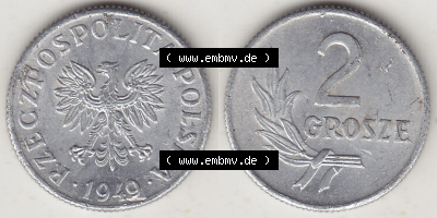 Münzen Republik Polen Eurovorläufer, Umlaufmünze 1949-1949, 2 Grosze, Groschen, Aluminium 1949. Vorderseite und Rückseite... Sammlung
