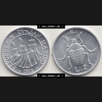 Aus offiziellen Münzensatz / KMS 1974 San Marino vor Euro 1974-1974, 2 Lire, L.2 MINGUZZI MONASSI INC. (3) Sammlung