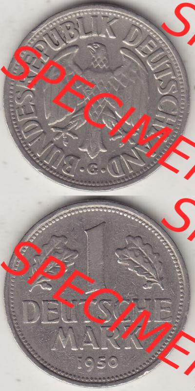 BRD Münzen 1 DM, Umlaufmünze 1950-2001, 1 DM Deutsche Mark, 1950 G-1. Vorderseite und Rückseite auf einen digitalen Bild / Foto der Münze aus Deutschland,... Sammlung