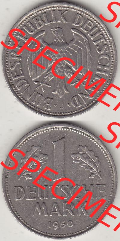BRD Münzen 1 DM, Umlaufmünze 1950-2001, 1 DM Deutsche Mark, 1950 J-2. Vorderseite und Rückseite auf einen digitalen Bild / Foto der Münze aus Deutschland,... Sammlung