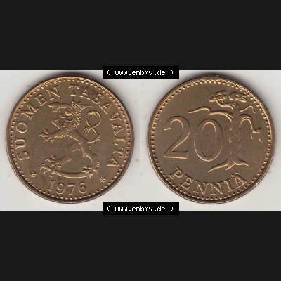 Münzen Finnland / SUOMI Eurovorläufer, Umlaufmünze vor Euroeinführung 1963-1990, 20 Penny Penniä 1976, SUOMEN TASAVALTA (3) Sammlung