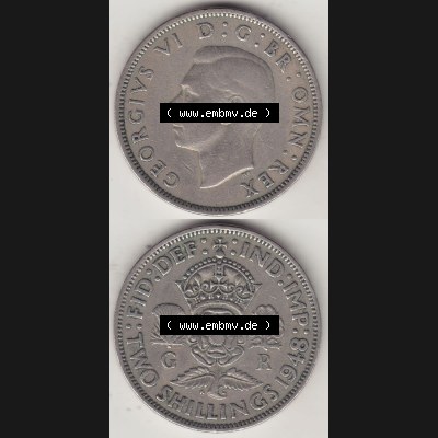 Alte Münzen Großbritannien Eurovorläufer, Umlaufmünze vor Euroeinführung 1947-1948, 2 Schilling-Florin, Two Shillings, 1948-2, George VI, GEORGIVS... Sammlung