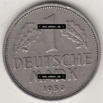 BRD Münzen 1 DM, Umlaufmünze 1950-2001, 1 DM Deutsche Mark, 1950 F-7. Rückseite der Münze aus Deutschland Sammlung