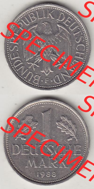 BRD Münzen 1 DM, Umlaufmünze 1950-2001, 1 DM Deutsche Mark, 1988 F-1. Vorderseite und Rückseite auf einen digitalen Bild / Foto der Münze aus Deutschland,... Sammlung