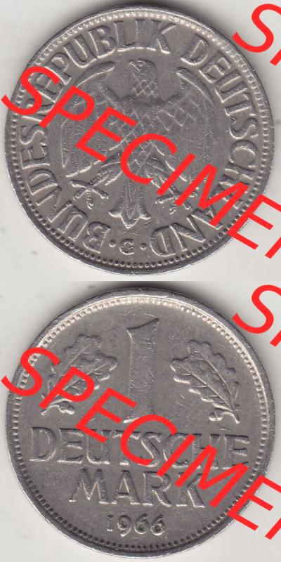 BRD Münzen 1 DM, Umlaufmünze 1950-2001, 1 DM Deutsche Mark, 1966 G-1. Vorderseite und Rückseite auf einen digitalen Bild / Foto der Münze aus Deutschland,... Sammlung