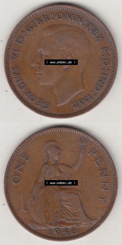 Münzen Großbritannien Eurovorläufer, Umlaufmünze vor Euroeinführung 1937-1948. 1 One Penny 1946 (Stück 1), George VI, GEORGIVS... Sammlung