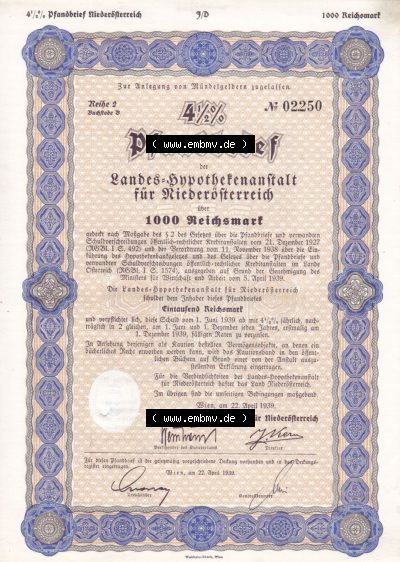 Alte Wertpapiere Österreich im Deutschen Reich 1939, Reihe 2, Buchstabe B, 4.5 Prozent Pfandbrief, Zur Anlegung von Mündelgeldern... Sammlung