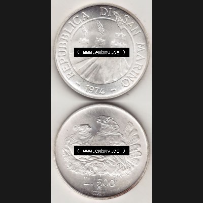 Aus offiziellen Münzensatz / KMS 1974 San Marino vor Euro 1974-1974, 50 Lire Silbermünze, L.500 MINGUZZI MONASSI INC. (4) Sammlung