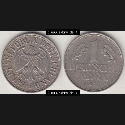 BRD Münzen 1 DM, Umlaufmünze 1950-2001, 1 DM Deutsche Mark, 1971 J-1. Vorderseite und Rückseite der Münze aus Deutschland Sammlung