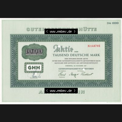 Alte Wertpapiere Bundesrepublik Deutschland in Deutsche Mark 1967, 1000 DM, Deutsche Mark, Aktie Gutehoffnungshütte (1) Sammlung