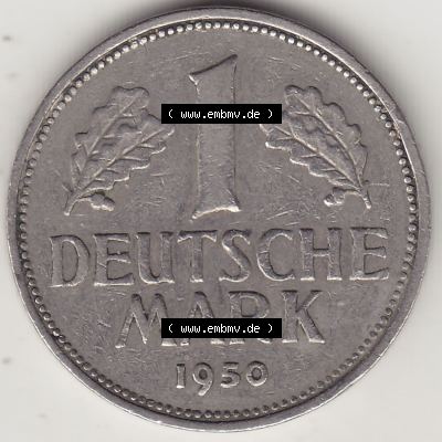 BRD Münzen 1 DM, Umlaufmünze 1950-2001, 1 DM Deutsche Mark, 1950 J-7. Rückseite der Münze aus Deutschland Sammlung