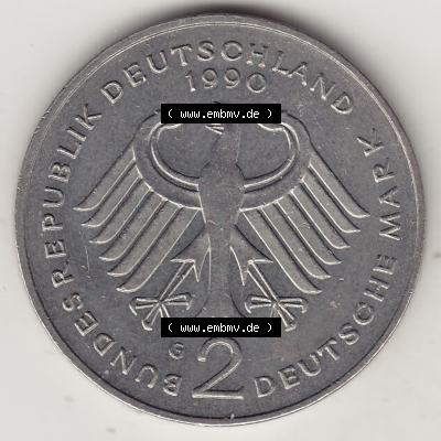 BRD Münzen 2 DM Gedenkmünze 1990-2001, 2 DM, Deutsche Mark Franz Josef Strauß 1990 G-1. Vorderseite der Münze aus Deutschland Sammlung