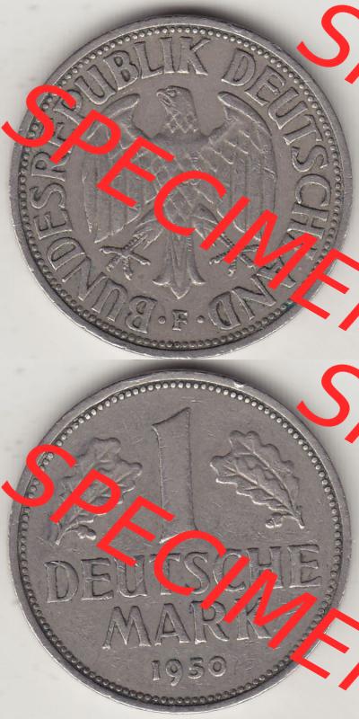 BRD Münzen 1 DM, Umlaufmünze 1950-2001, 1 DM Deutsche Mark, 1950 F-7. Vorderseite und Rückseite auf einen digitalen Bild / Foto der Münze aus Deutschland,... Sammlung