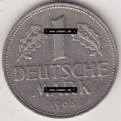 BRD Münzen 1 DM, Umlaufmünze 1950-2001, 1 DM Deutsche Mark, 1968 J-1. Rückseite der Münze aus Deutschland Sammlung