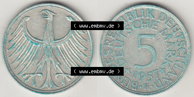 Münzen Deutsche Mark Silbermünze 1951-1974, 5 DM, 5 Deutsche Mark Silberadler, Heiermann 1957 F-2. Vorderseite und Rückseite... Sammlung