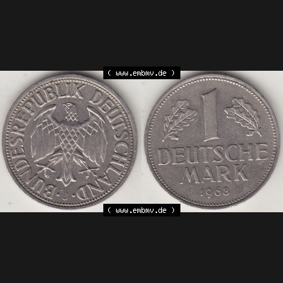 BRD Münzen 1 DM, Umlaufmünze 1950-2001, 1 DM Deutsche Mark, 1968 J-1. Vorderseite und Rückseite der Münze aus Deutschland Sammlung