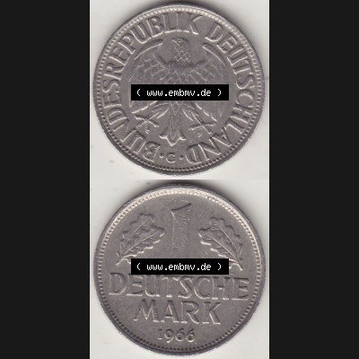 BRD Münzen 1 DM, Umlaufmünze 1950-2001, 1 DM Deutsche Mark, 1966 G-1. Vorderseite und Rückseite auf einen digitalen Bild / Foto der Münze aus Deutschland,... Sammlung