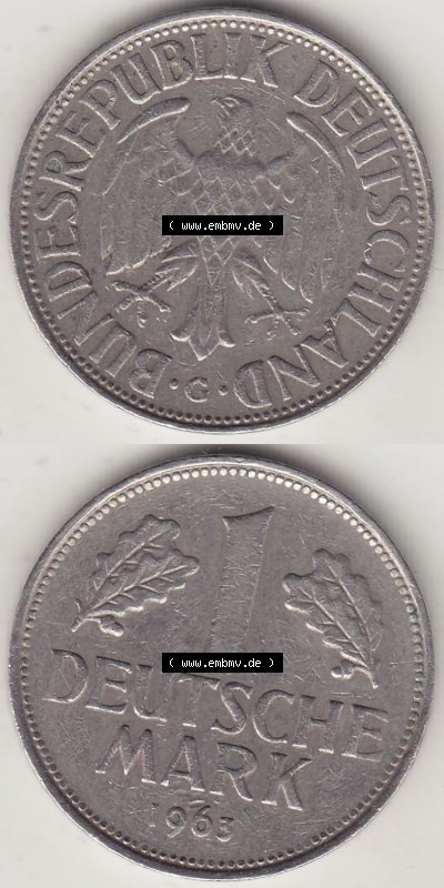 BRD Münzen 1 DM, Umlaufmünze 1950-2001, 1 DM Deutsche Mark, 1963 G-1. Vorderseite und Rückseite auf einen digitalen Bild /... Sammlung
