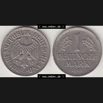 BRD Münzen 1 DM, Umlaufmünze 1950-2001, 1 DM Deutsche Mark, 1967 J-2. Vorderseite und Rückseite der Münze aus Deutschland Sammlung