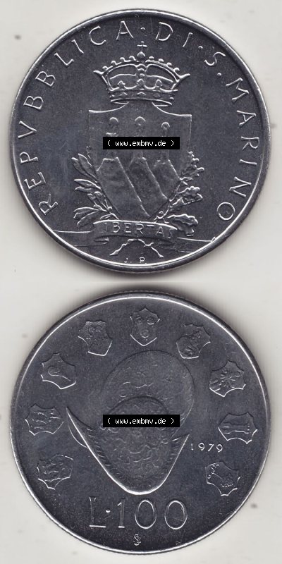 Aus offiziellen Münzensatz / KMS 1979 San Marino vor Euro 1979-1979, 100 Lire, J.P. LIBERTAS REPVBBLICA DI S. MARINO L.100 (4) Sammlung