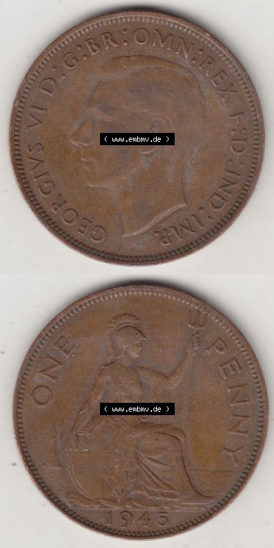 Münzen Großbritannien Eurovorläufer, Umlaufmünze vor Euroeinführung 1937-1948. 1 One Penny 1945 (Stück 1), George VI, GEORGIVS... Sammlung