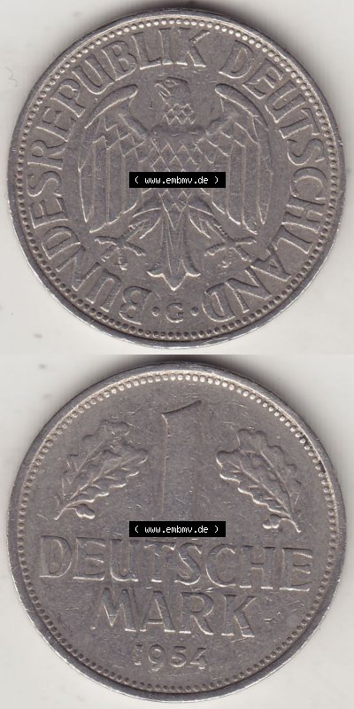 BRD Münzen 1 DM, Umlaufmünze 1950-2001, 1 DM Deutsche Mark, 1954 G-2. Vorderseite und Rückseite auf einen digitalen Bild /... Sammlung