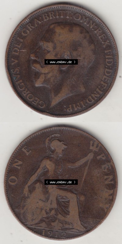 Alte Münzen Großbritannien Eurovorläufer, Umlaufmünze vor Euroeinführung 1911-1926, 1 Penny, One Penny, 1912 (Stück 1),... Sammlung