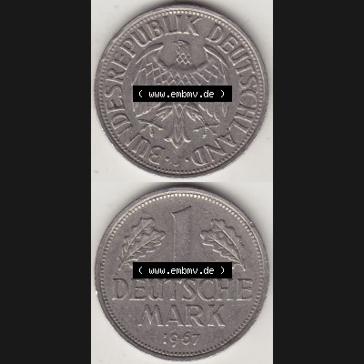 BRD Münzen 1 DM, Umlaufmünze 1950-2001, 1 DM Deutsche Mark, 1967 J-2. Vorderseite und Rückseite auf einen digitalen Bild / Foto der Münze aus Deutschland,... Sammlung