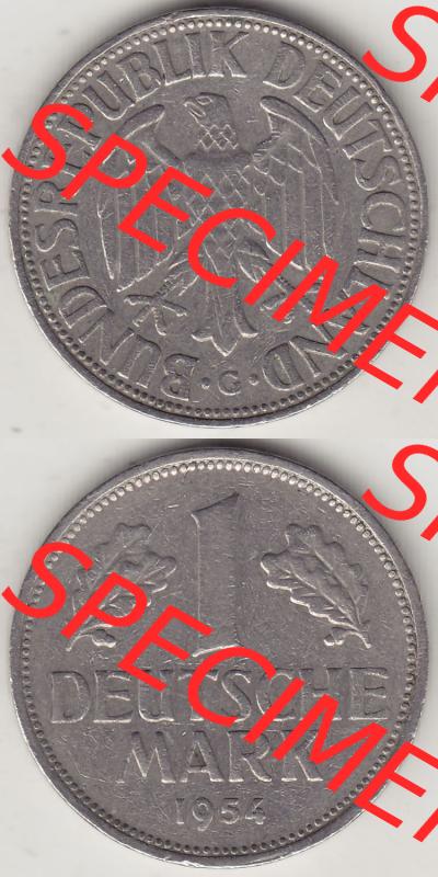 BRD Münzen 1 DM, Umlaufmünze 1950-2001, 1 DM Deutsche Mark, 1954 G-3. Vorderseite und Rückseite auf einen digitalen Bild / Foto der Münze aus Deutschland,... Sammlung
