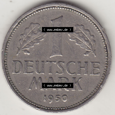 BRD Münzen 1 DM, Umlaufmünze 1950-2001, 1 DM Deutsche Mark, 1950 J-8. Rückseite der Münze aus Deutschland Sammlung