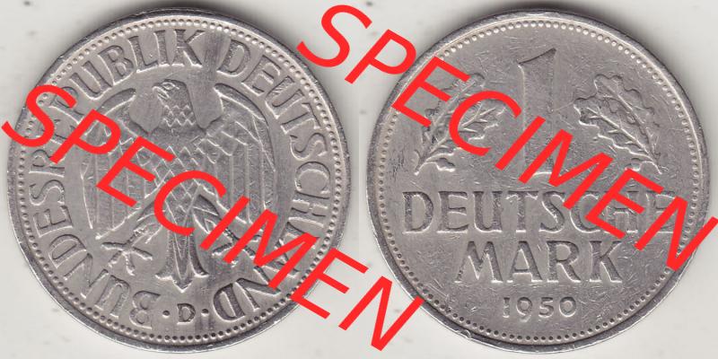 BRD Münzen 1 DM, Umlaufmünze 1950-2001, 1 DM Deutsche Mark, 1950 D-5. Vorderseite und Rückseite der Münze aus Deutschland Sammlung