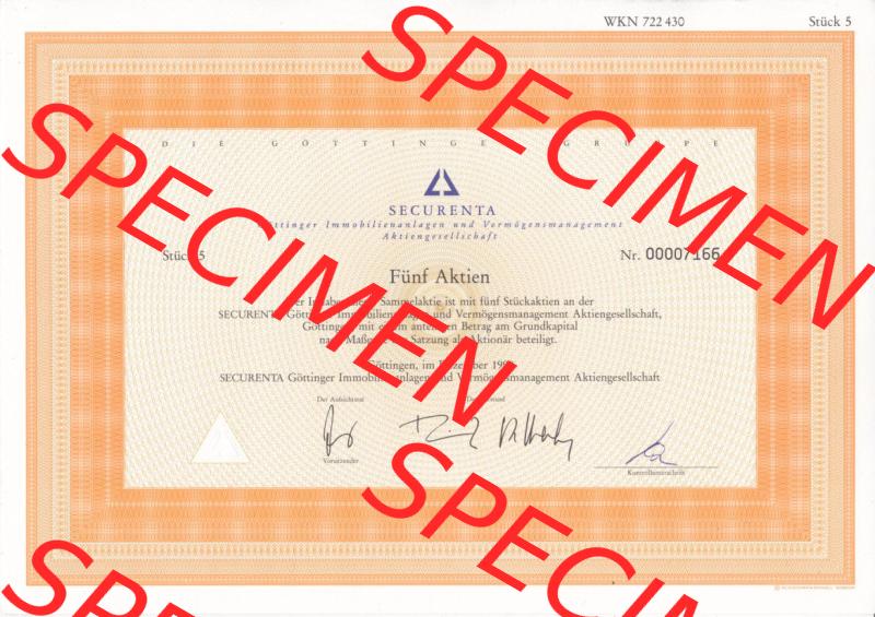 Alte Wertpapiere Bundesrepublik Deutschland in Deutsche Mark 1998, Securenta, Fünf Aktien, Göttinger Immobilienanlagen und Vermögensmanagment (2) Sammlung
