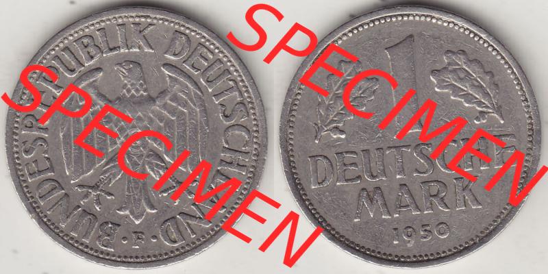 BRD Münzen 1 DM, Umlaufmünze 1950-2001, 1 DM Deutsche Mark, 1950 F-4. Vorderseite und Rückseite der Münze aus Deutschland Sammlung